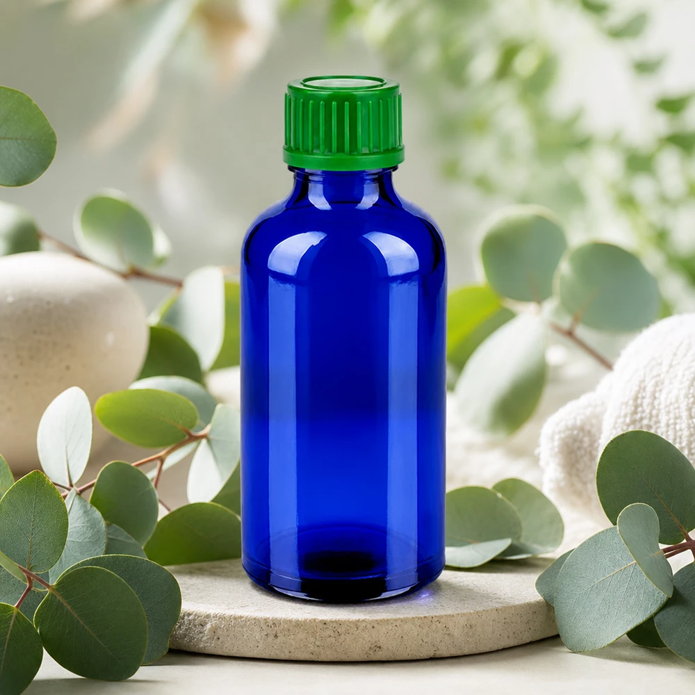 50 ml koboltglasflaske af høj kvalitet med grøn hætte til professionelle kosmetikprodukter
