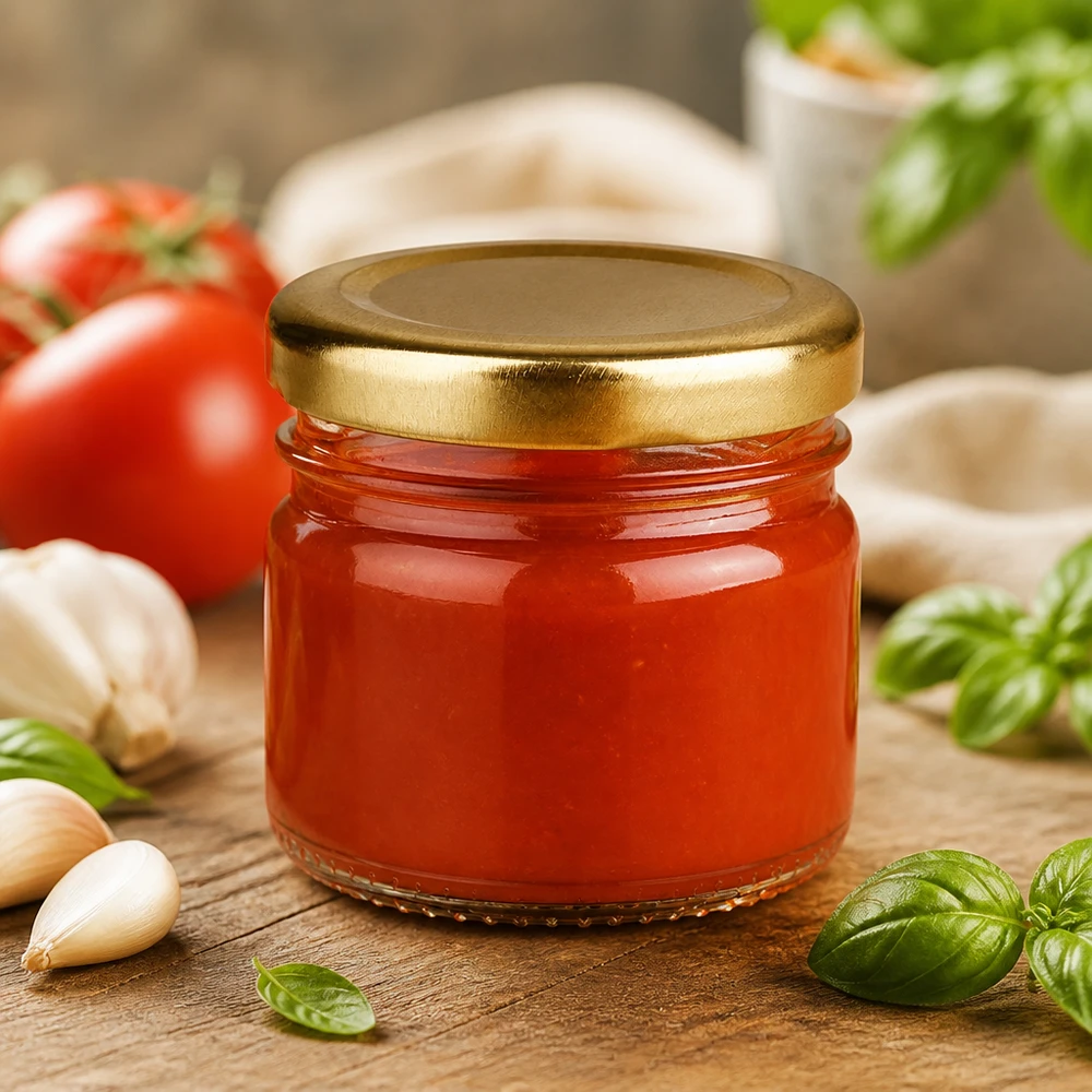 Tomatsauce i et rundt glas på 33 ml med et gyldent BasicSeal-låg ved siden af friske tomater, basilikum og hvidløg