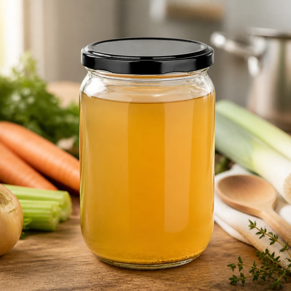 555 ml UniTwist-glas med sort BasicSeal-låg, fyldt med gylden grøntsagsbouillon