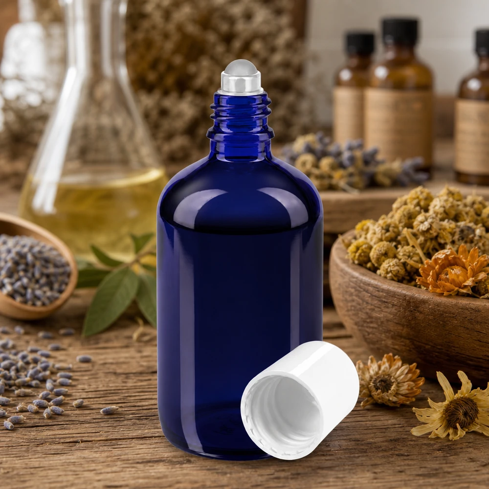 100 ml blå apotekerflaske af glas med rulleapplikator blandt tørrede urter og blomster