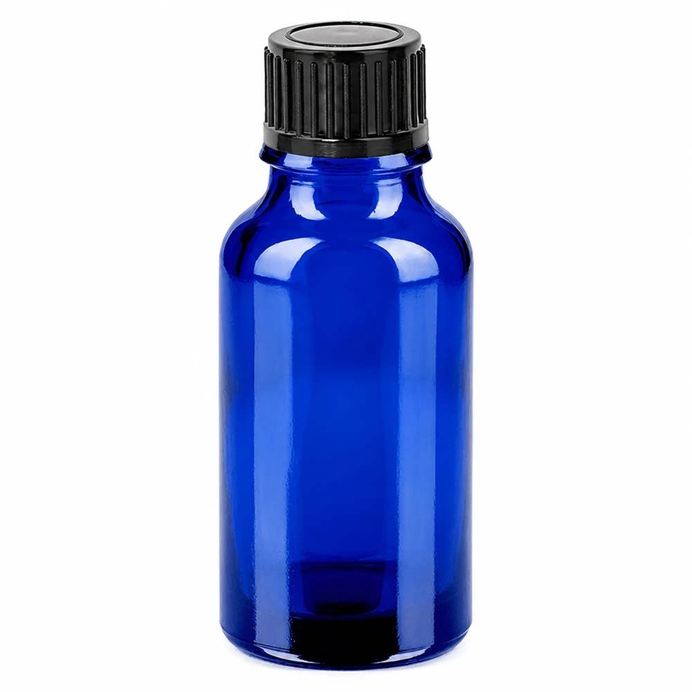 Blå glasflaske 20 ml med sort skruelåg SV 11 mm til æteriske olier og kosmetik