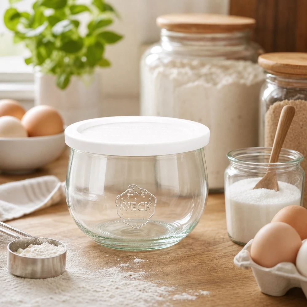 580 ml tulipankrukke med friskhedslåg WECK RR100 WECK tulipankrukke 580 ml RR100 tom med friskhedslåg i bagekøkkenet omgivet af mel, æg og bageingredienser