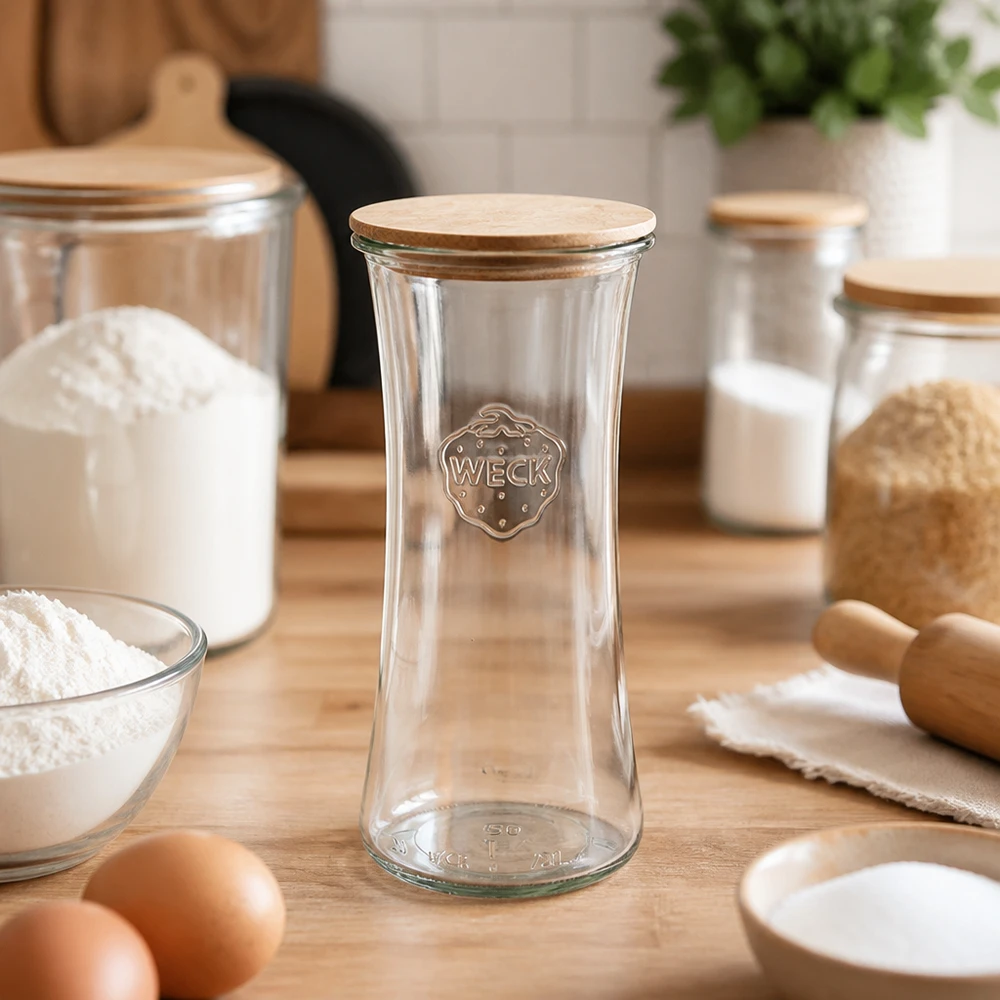 700 ml delikatesseglas WECK RR80 med trælåg WECK delikatessekrukke 700ml RR80 tom med bambuslåg i køkken omgivet af bageingredienser mel æg opbevaringskrukker