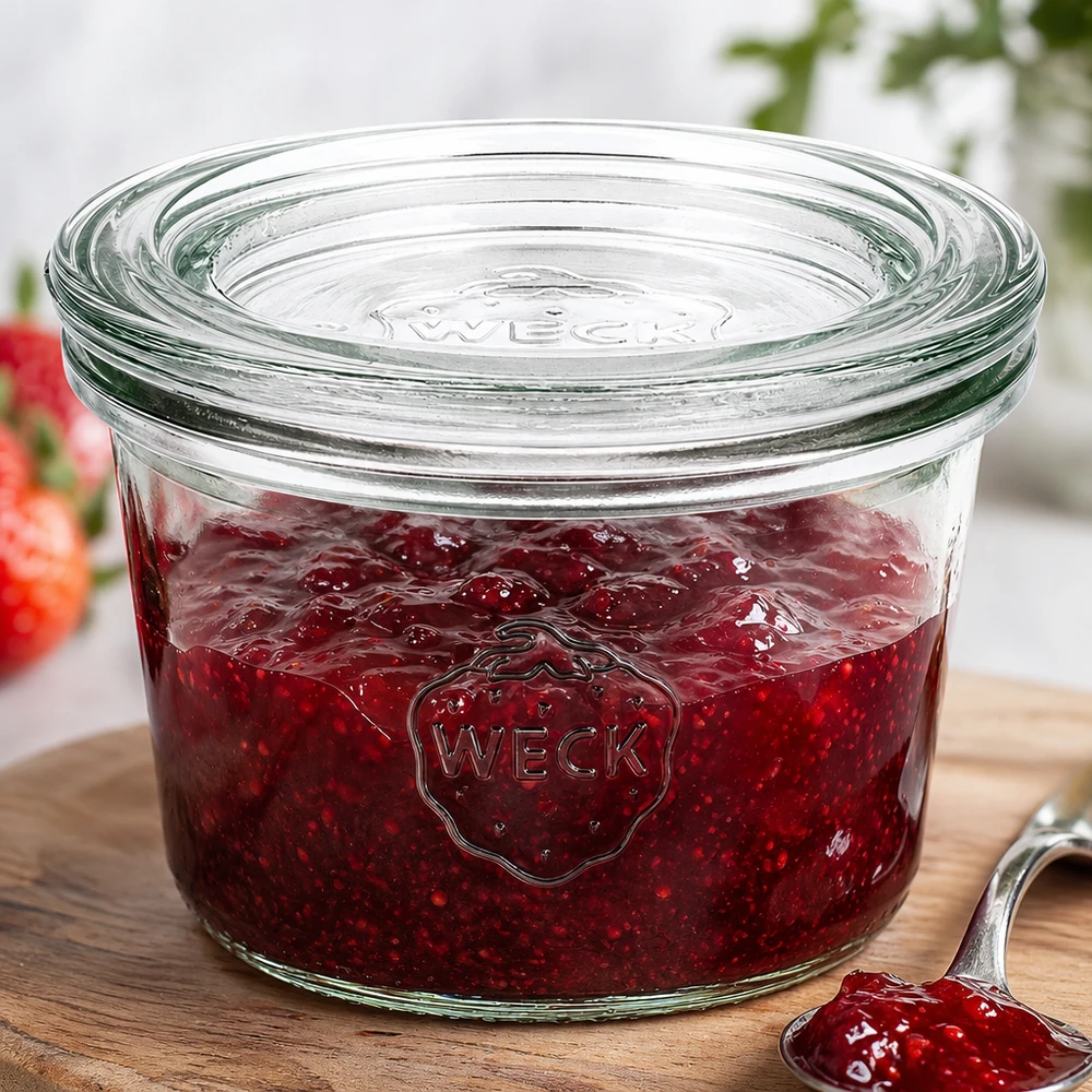 80 ml krukke med glaslåg WECK RR60 WECK 80 ml RR60-krukke fyldt med rød jordbærmarmelade viser praktisk brug til konservering af marmelade