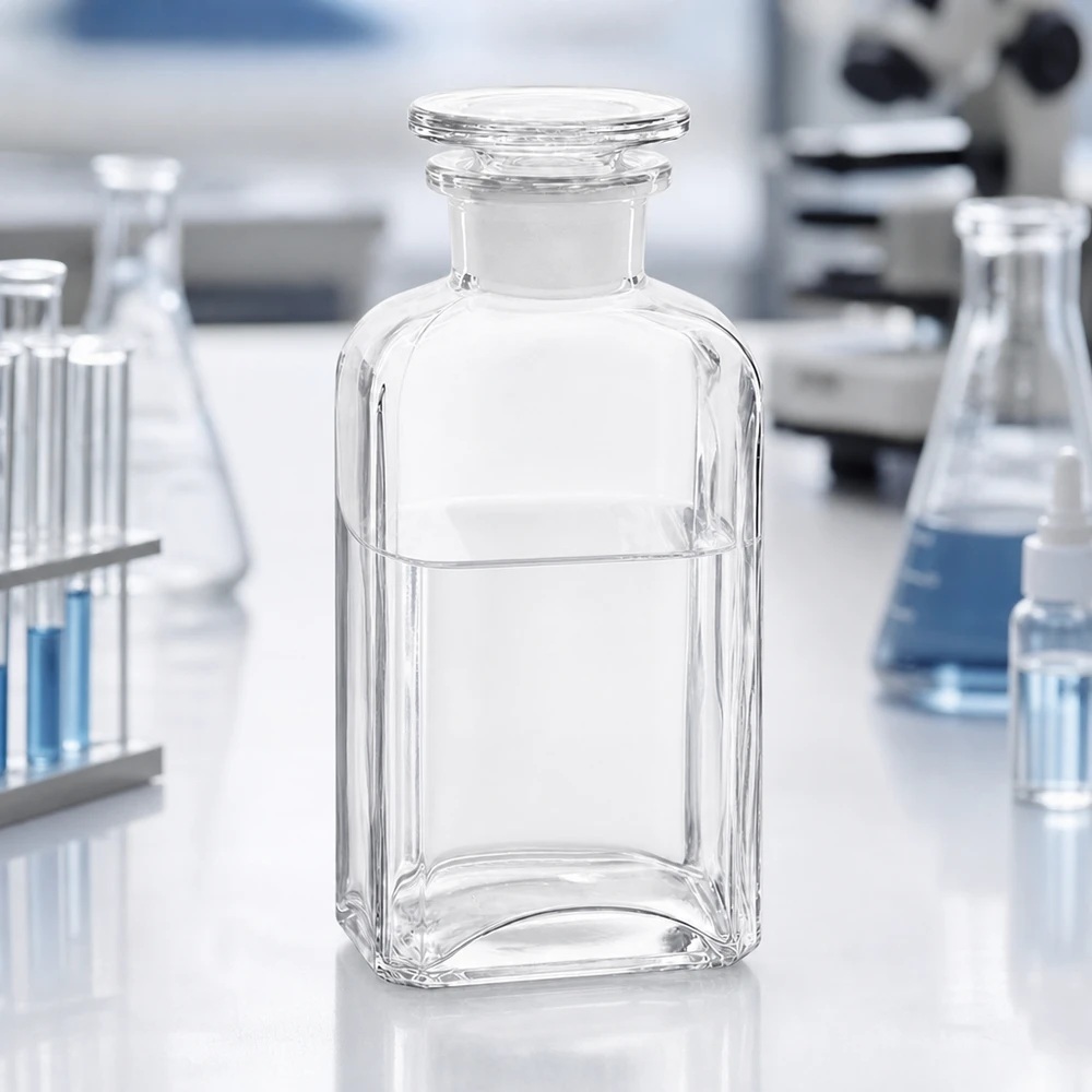 Firkantet flaske 250 ml klar glasprop med bred hals Firkantet flaske på 250 ml af klart glas med bred hals og glasprop på et laboratoriebord med mikroskop