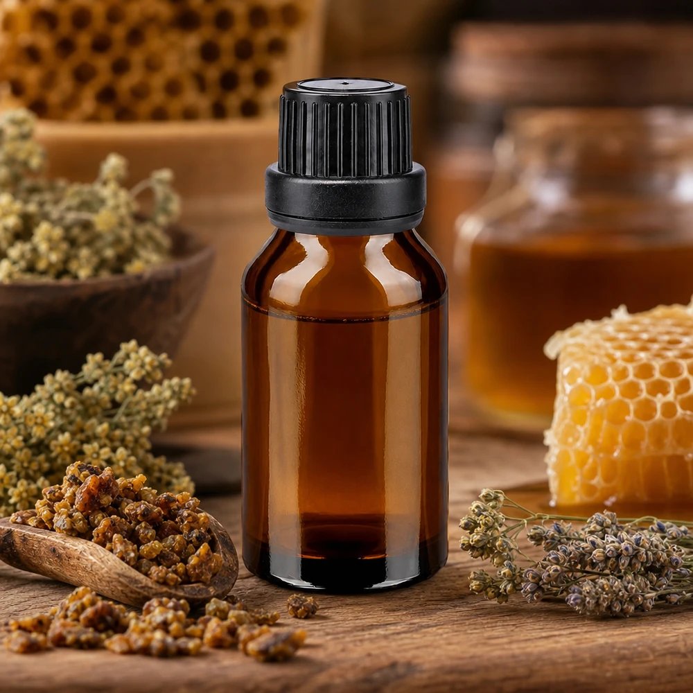 Apotekerflaske af brunt glas, 15 ml, med propolis, honningkager og lægeurter til naturprodukter
