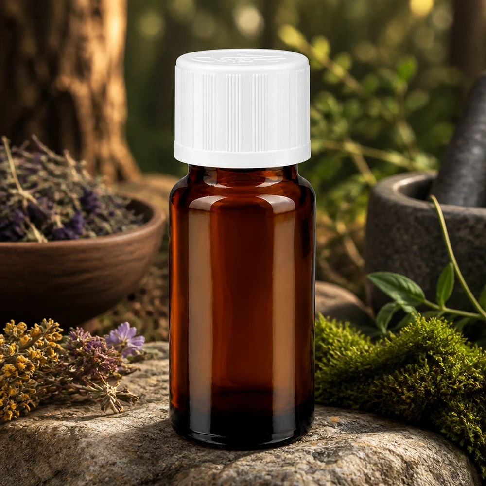 Apoteksflaske brun 10ml dråbetæller hvid KiSi St Brun 10 ml dråbeflaske med hvid KiSi-prop på natursten blandt vilde urter og mos