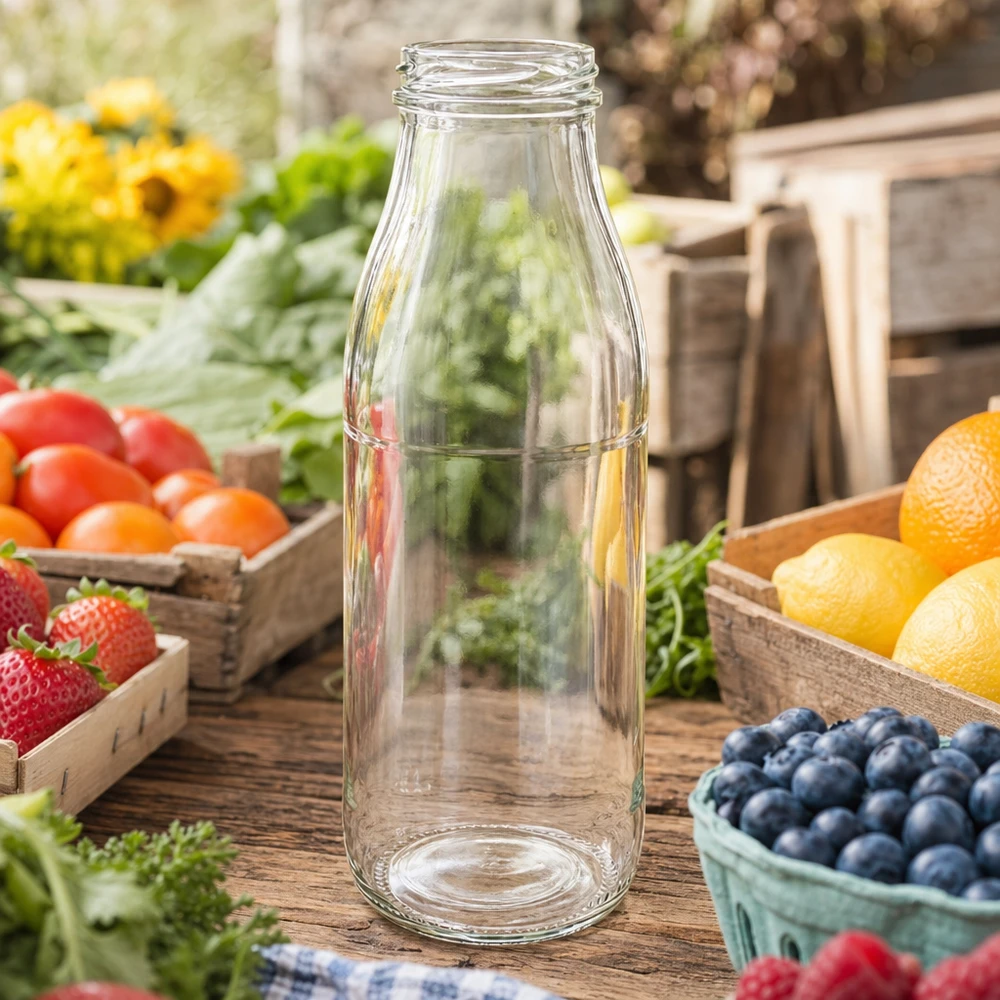 500 ml glasflaske uden låg (TO48) UNiTWIST. Absolut lækagesikker med stor åbning. Til mælk, juice og limonade. Kræver TO48-låg 500 ml glasflaske TO48 UNiTWIST tom på et rustikt træbord omgivet af frisk frugt og grøntsager i trækasser