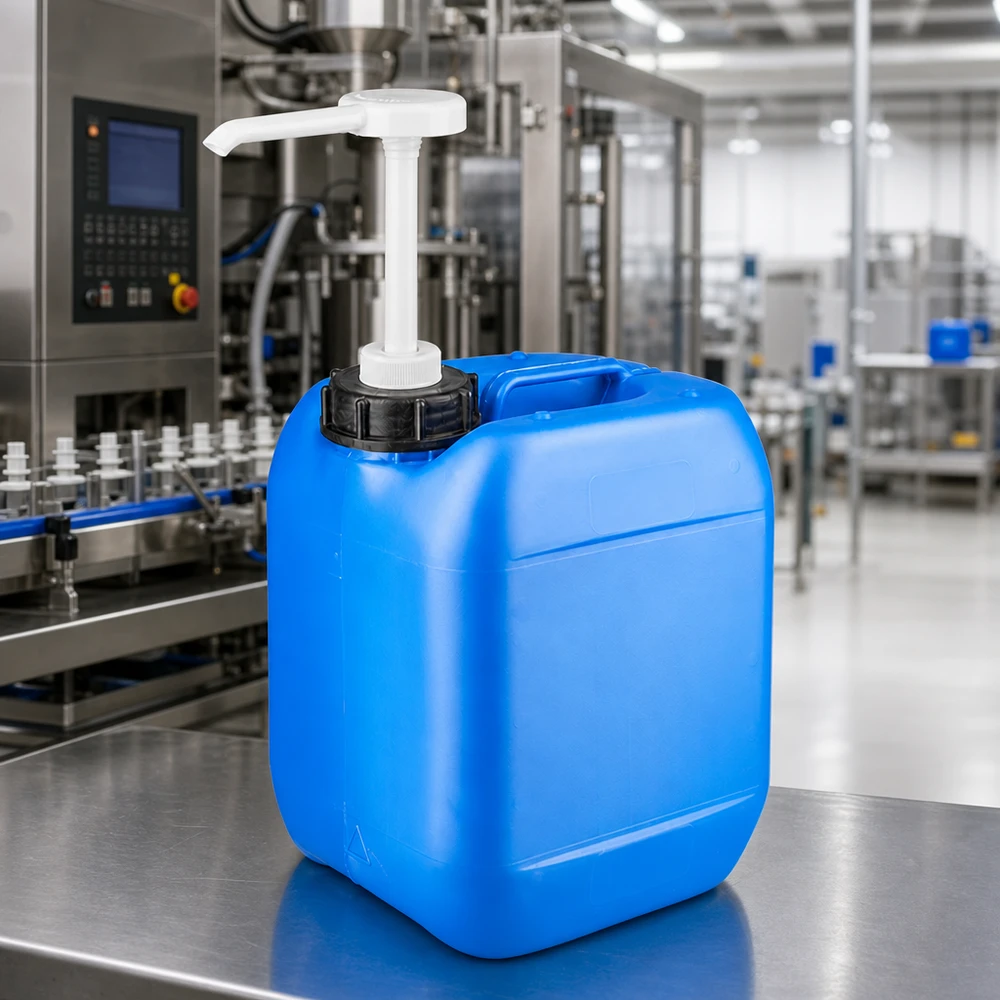 5 liters blå dunk med doseringspumpe Blå 5-liters dunk med doseringspumpe på et bord af rustfrit stål i et industrielt påfyldningsanlæg
