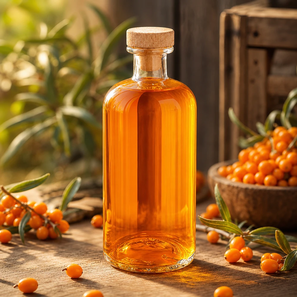 500 ml Apoteksflaske »Flora« med træhåndtag og prop UNiTWIST® 500 ml glasflaske Flora med træprop orange havtornolie mellem havtornbær på træbord naturprodukt