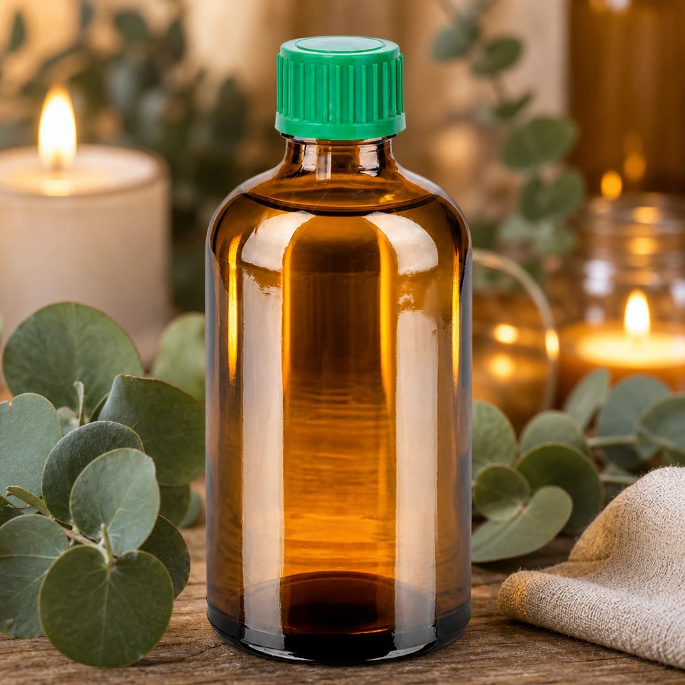 100 ml flaske 11 mm SV grøn OV BrownLine UT18/100 Brun glasflaske 100 ml med grøn hætte til æteriske olier og aromaterapi