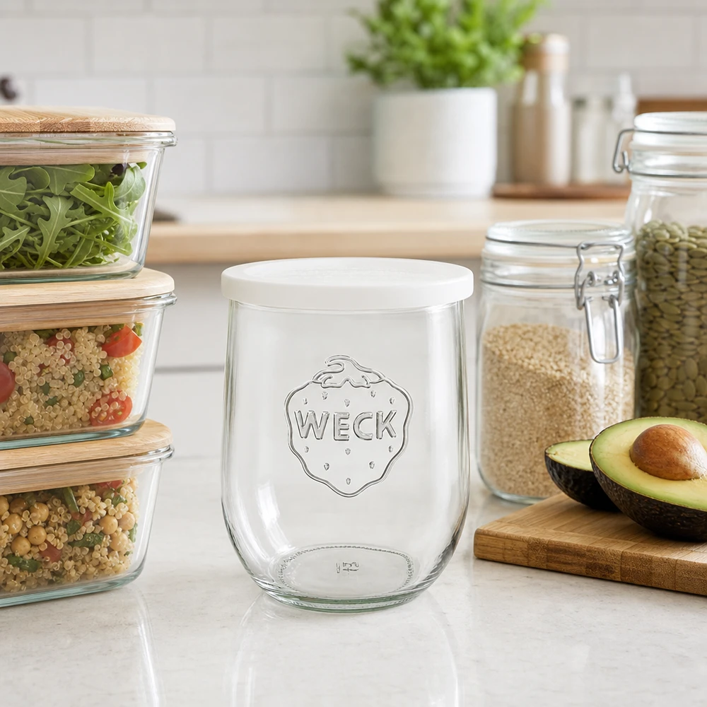 1062 ml tulipankrukke med friskhedslåg WECK RR100 WECK Tulpenglas 1062ml RR100 auf Küchenarbeitsplatte zwischen Vorratsgläsern und Avocado als stilvolles Küchenzubehör