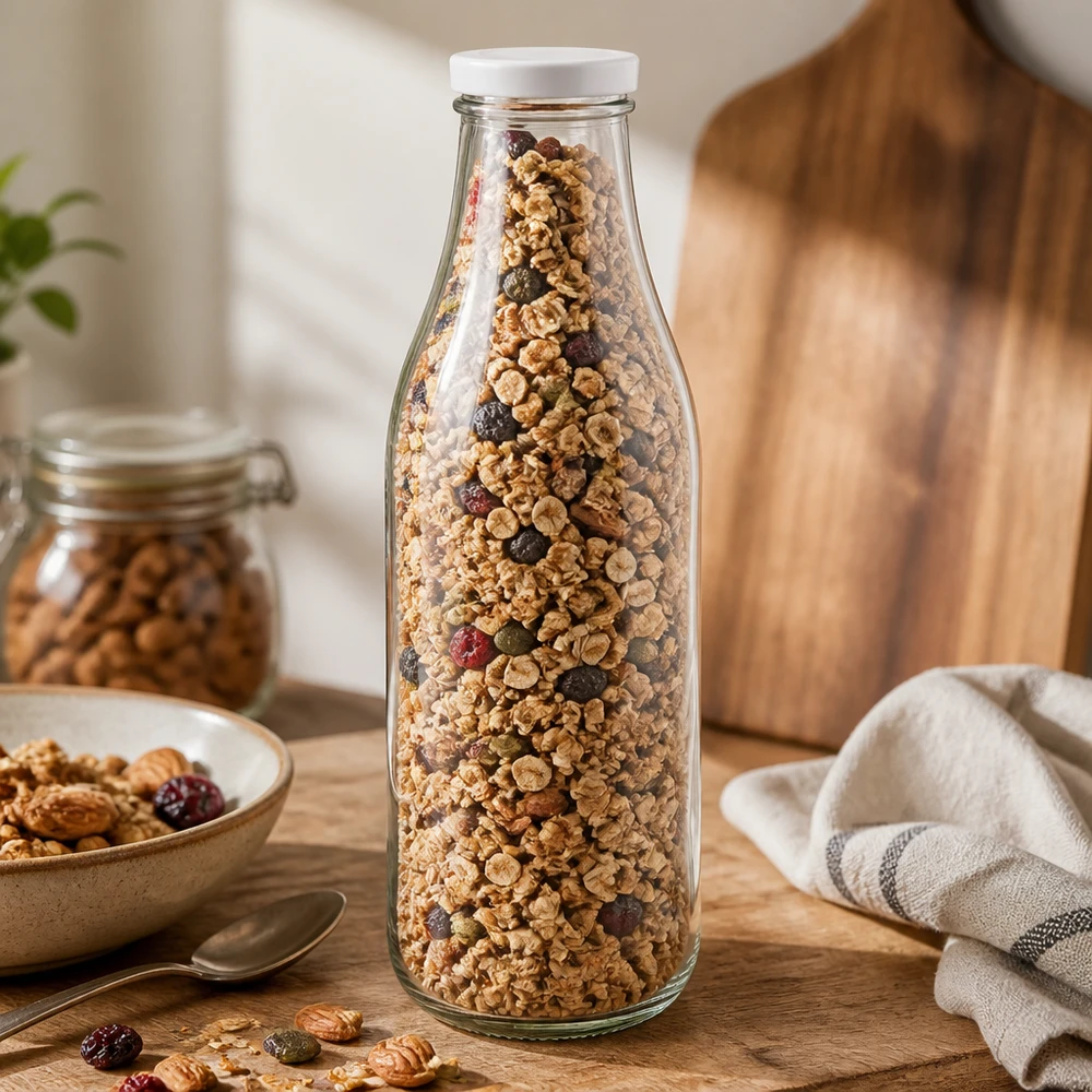 1000 ml glasflaske + BasicSeal-låg hvid UNiTWIST. Absolut lækagesikker med stort TO48-låg. Til mælk, juice og limonade. 1000 ml glasflaske med BasicSeal-låg hvid fyldt med müsli granola nødder tørret frugt opbevaring