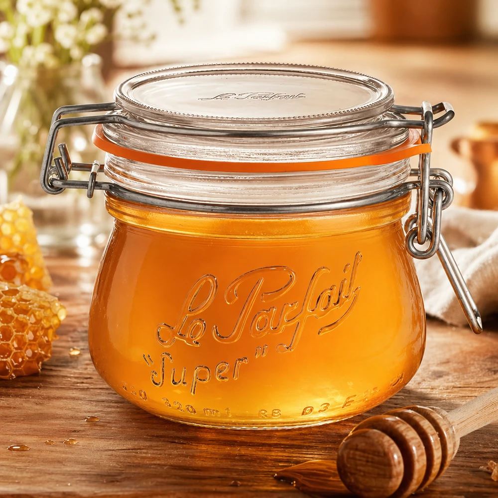 Le Parfait® glas 250 ml Ø70 mm opbevaring 250 ml Le Parfait Super opbevaringsglas med svingtop fyldt med honning på træplade med honningske