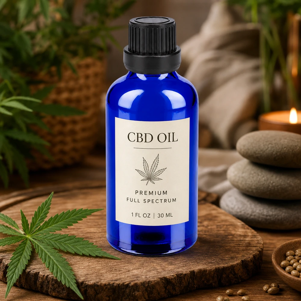 Premium 50 ml apotekerflaske lavet af koboltglas med sort hætte til CBD-olie og tinkturer