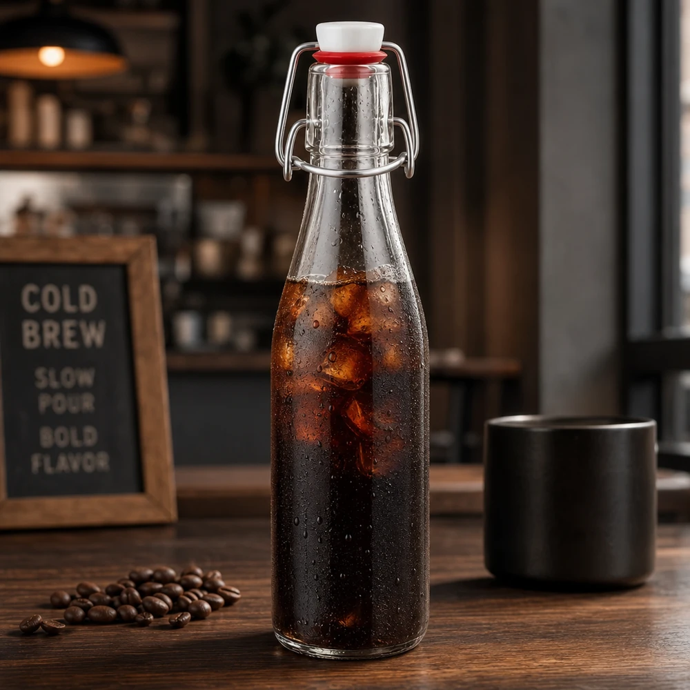 250 ml glasflaske og hængelåg i porcelæn UNiTWIST 250ml Glasflasche mit Bügelverschluss für Cold Brew Kaffee, edle Vintage-Optik mit Kaffeebohnen und schwarzer Tasse