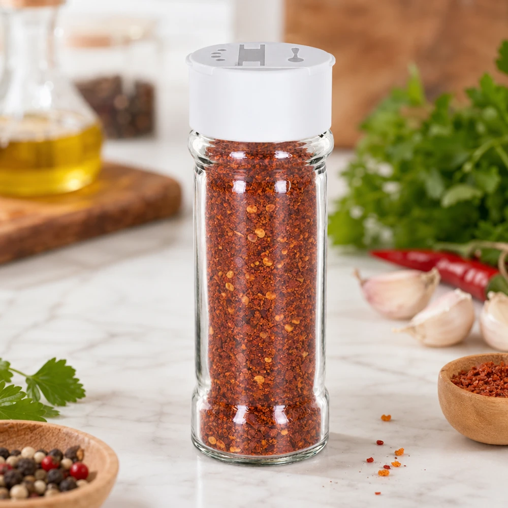 Salt-/krydderikrukke 100 ml med dobbelt strøer, hvid Krydderiglas på 100 ml fyldt med chiliflager og med et hvidt låg med dobbelt strøfunktion på en marmorplade
