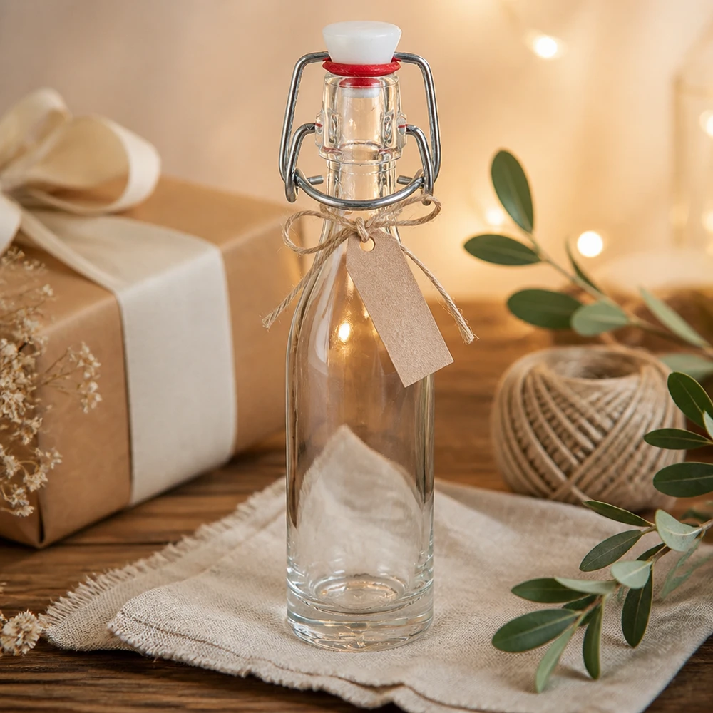 50 ml glasflaske og hængelukning PVC UNiTWIST Dekorativ 50 ml glasflaske med svingtop og brunt bånd i en naturlig atmosfære.