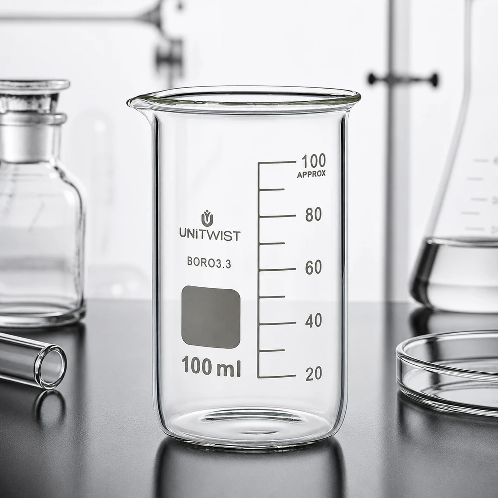 UNITWIST bæger, 100 ml, høj model, borosilikat 3.3, tomt på laboratoriebordet med laboratorieudstyr
