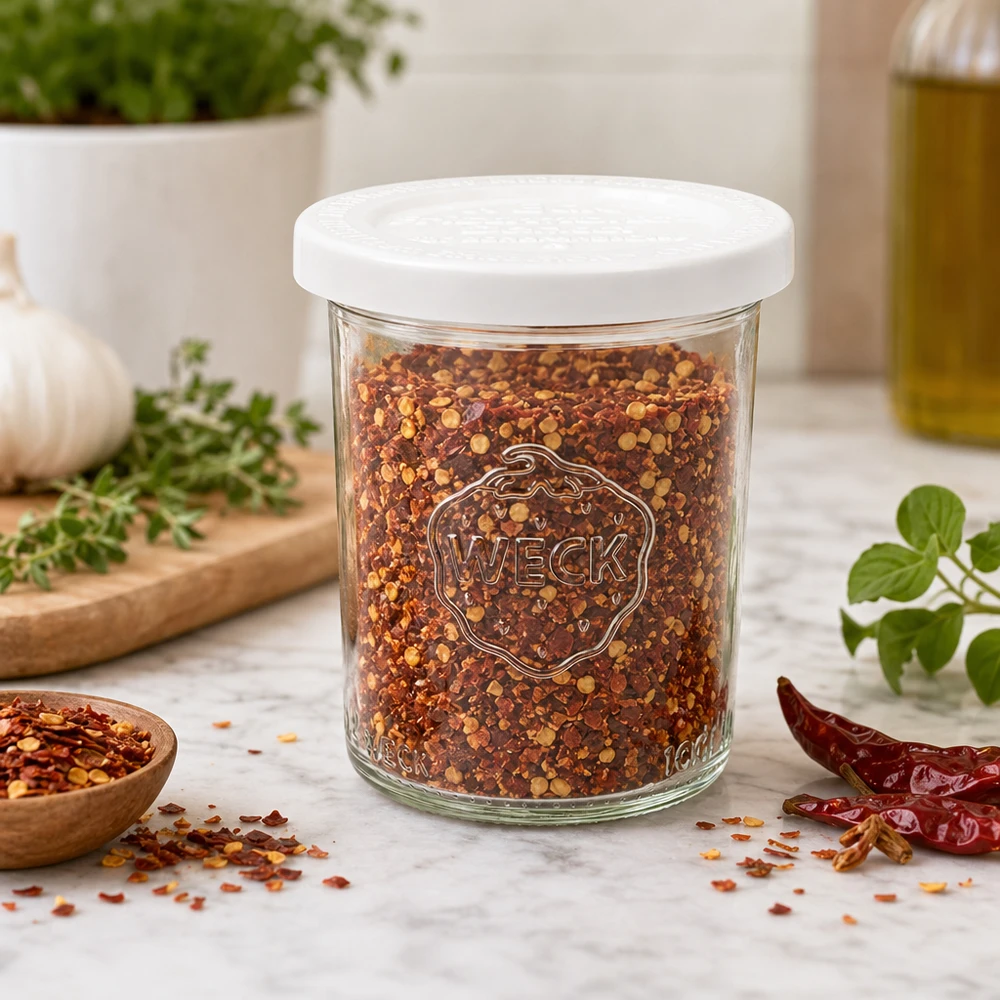 160 ml krukke med friskhedslåg WECK RR60 WECK 160ml Sturzglas RR60 mit Chili-Gewürzmischung gefüllt als Gewürzdose in moderner Küche mit Kräutern