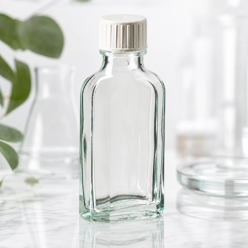 50 ml Meplat-flaske af klart glas med hvid skruelåg og hældering