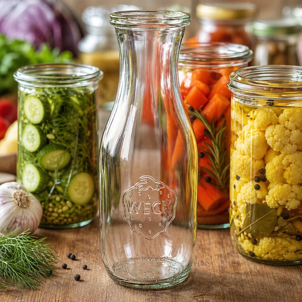 1062 ml saftflaske med glaslåg WECK RR60 WECK glasflaske 1062ml tom med logo ved siden af farverige syltetøjsglas med grøntsager og krydderier på træbord