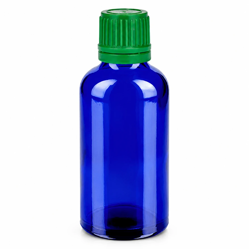50 ml flaske 11 mm SV grøn OV BlueLine UT18/50 Blå 50 ml glasflaske med grønt skruelåg til æteriske olier og kosmetik