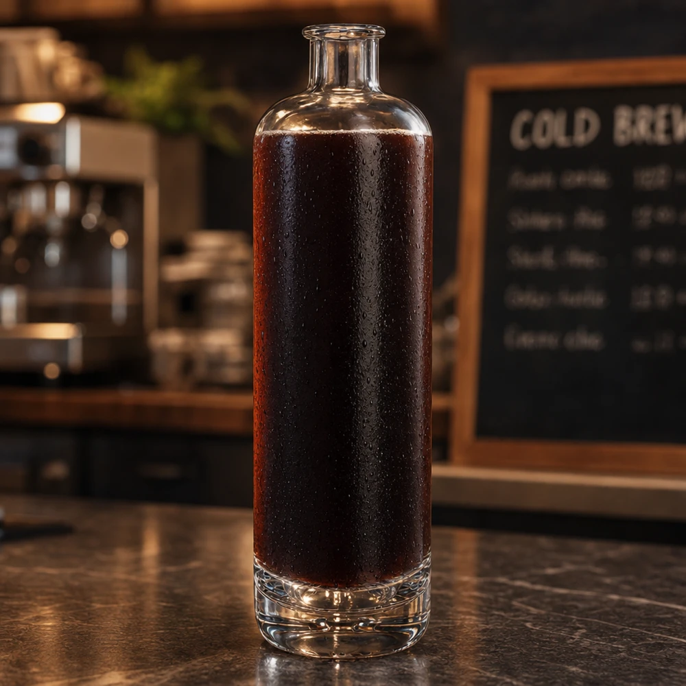 700 ml glasflaske »Ella« uden lukning UNiTWIST® 700 ml glasflaske Ella UNiTWIST fyldt med koldbrygget kaffe på en mørk cafédisk med en menutavle i baggrunden.