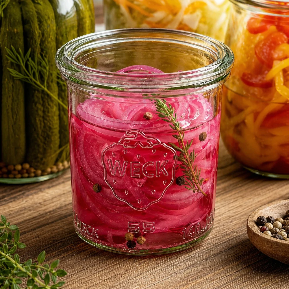 WECK 140 ml krukke med glaslåg RR60 | Premium-kvalitet WECK Sturzglas 140ml RR60 mit eingelegten roten Zwiebeln Kräutern Pfefferkörnern neben anderen Einmachgläsern