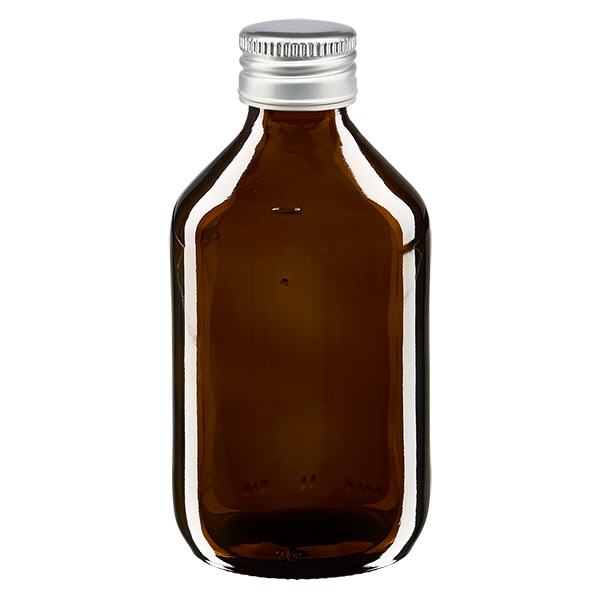 250 ml medicinflaske brun, med hætte af sølvfarvet aluminium ApoGlas. Farmaceutisk kvalitet fra EU-produktion. 28 mm (PP28) gevind. (sirup, let glasflaske)