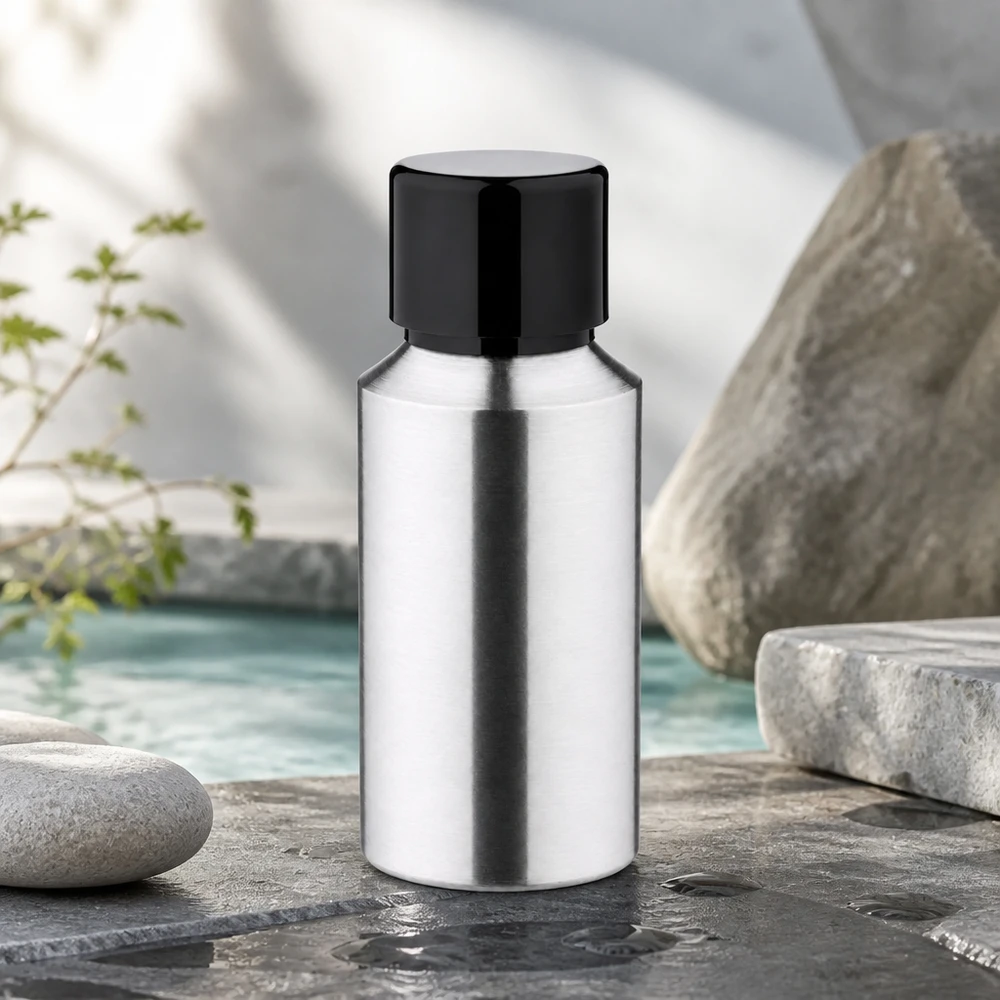 30 ml flaske i poleret aluminium med skruelåg Elegant 30 ml aluminiumsflaske med blank overflade og sort hætte til professionel præsentation