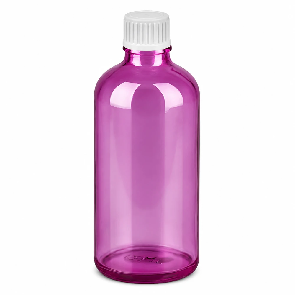 100 ml dråbeflaske 0,9 mm hvid standard PurpleLine UT18/100 100 ml dråbeflaske, lilla transparent med hvid hætte og 0,9 mm dråbehætte