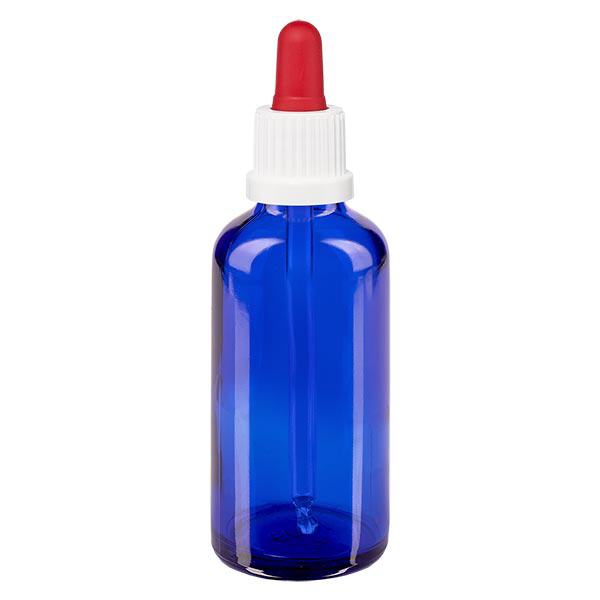 Apoteksflaske blå 50 ml pipette hvid/rød OV Apoteksflaske blå 50 ml pipette hvid/rød OV