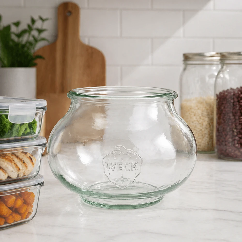560 ml WECK RR80-glas med låg WECK smykkekrukke 560 ml RR80 i et moderne køkken mellem opbevaringskrukker og glaskrukker på en hvid bordplade