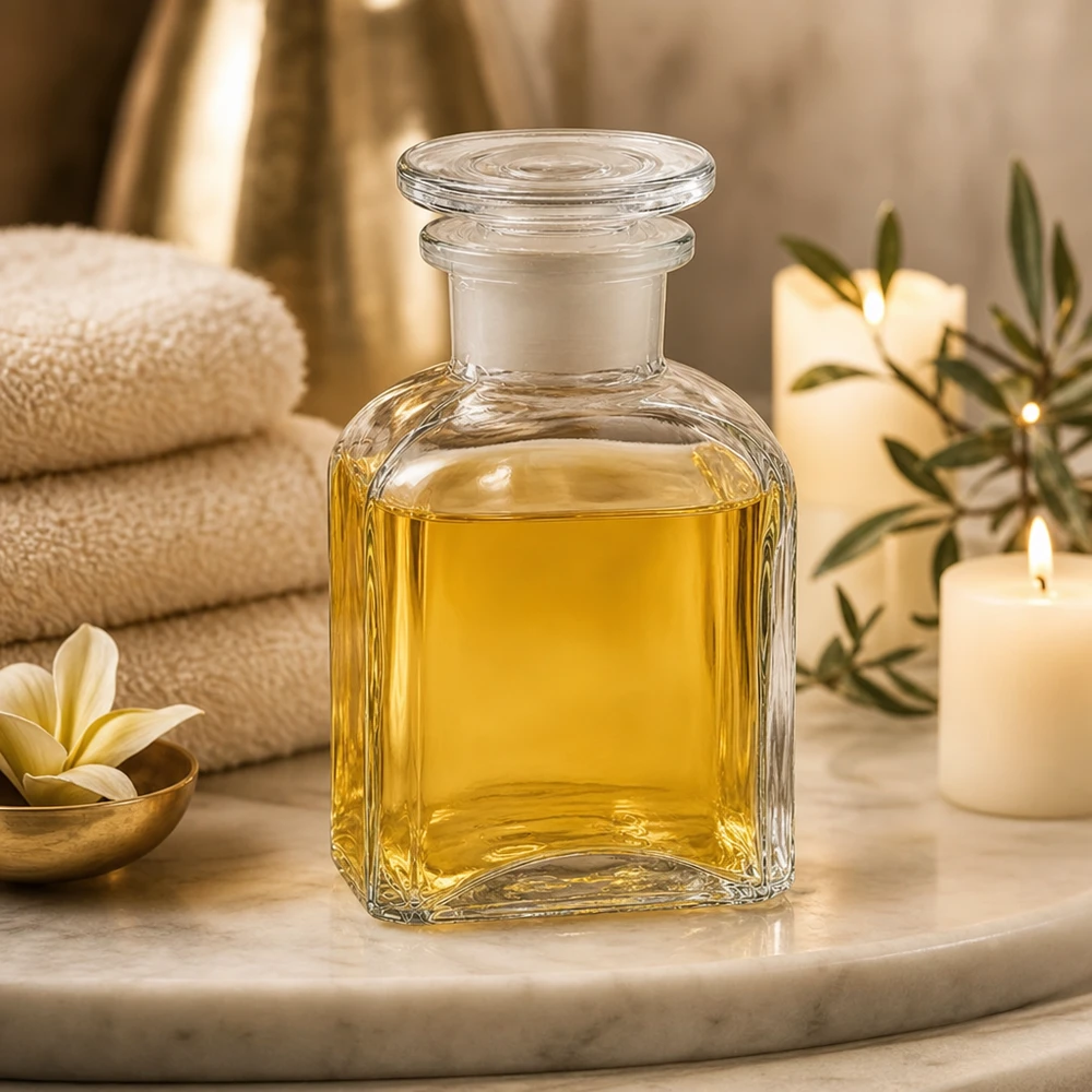 Firkantet flaske 150 ml klar glasprop med bred hals Gennemsigtig 150 ml firkantet flaske med bred hals og glasprop til massageolier og aromaterapi
