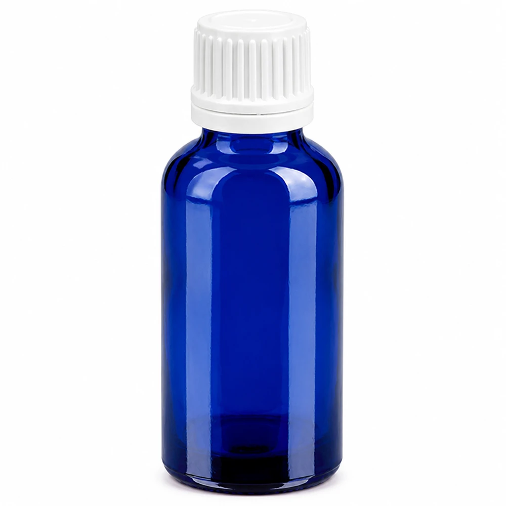 30 ml flaske 11 mm SV hvid OV BlueLine UT18/30 30 ml blå glasflaske med hvidt skruelåg til drypapplikationer