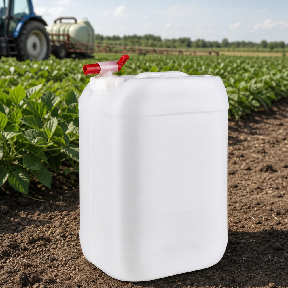 Beholder 25 liter med aftapningshane 25-liters landbrugsbeholder med udløbshane på en mark ved siden af en traktor med mark sprøjte