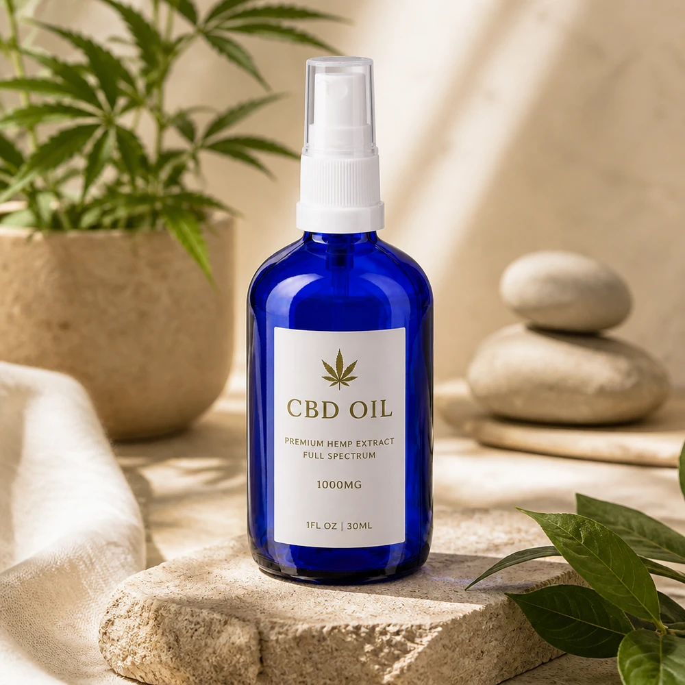 Blå sprayflaske på 100 ml af apotekerglas med hvidt sprøjtehoved til CBD-olie og naturkosmetik