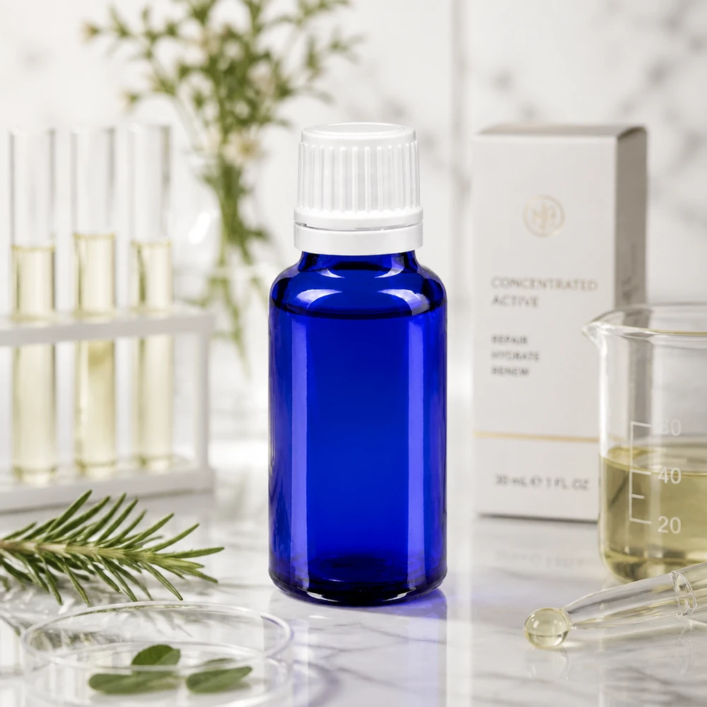 Apoteksflaske blå 20ml dryp v. 1,2 mm hvid OV Blåt laboratoriefoto af en 20 ml dråbeflaske af ApoGlas med hvid originalitetslukning