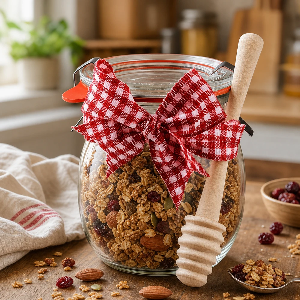 WECK mini tulipankrukke 220 ml komplet med honningske WECK tulipankrukke 220 ml fyldt med müsli og nødder, dekoreret med rød- og hvidternet sløjfe og honningske