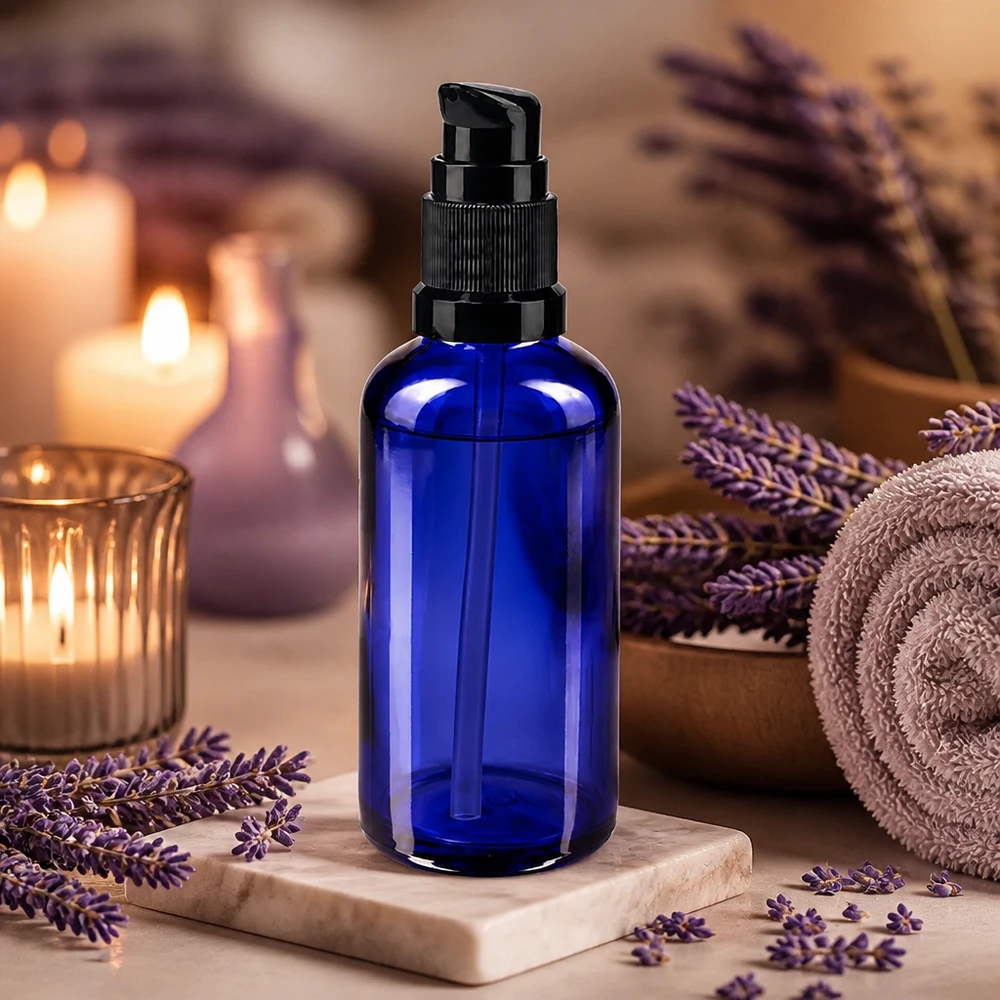 Apoteksflaske blå 50ml pumpehætte sort St Blå 50 ml pumpeflaske af apotekerglas med sort pumpehoved på en marmorplade
