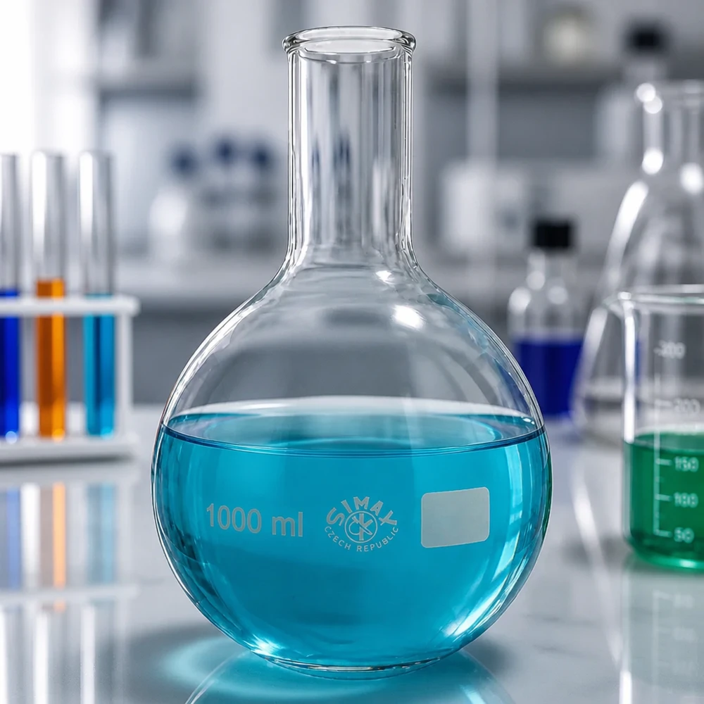 Stående kolbe 1000 ml med smal hals Stående kolbe 1000 ml med smal hals og blå væske i et professionelt laboratoriemiljø