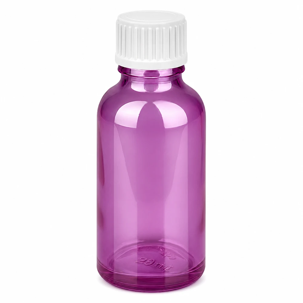 30 ml (kugle) flaske. 3 mm hældering hvid Standard PurpleLine. UT18/30 30 ml glasflaske i lys violet med hvidt skruelåg til æteriske olier