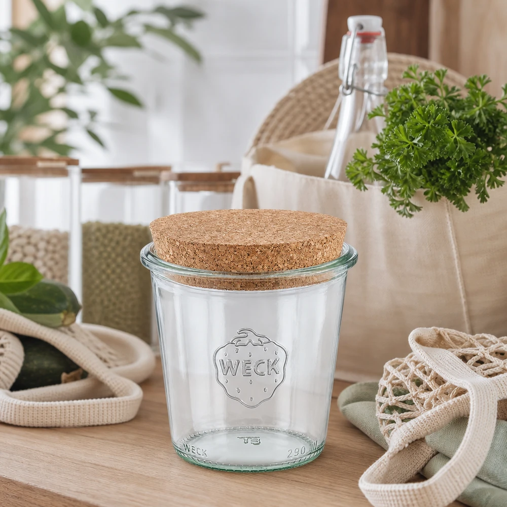 290 ml høje Briller WECK RR80 med kork natur WECK drikkeglas 290 ml RR80 med naturkork i bæredygtigt nul-affaldskøkken mellem genanvendelige flasker og stofposer
