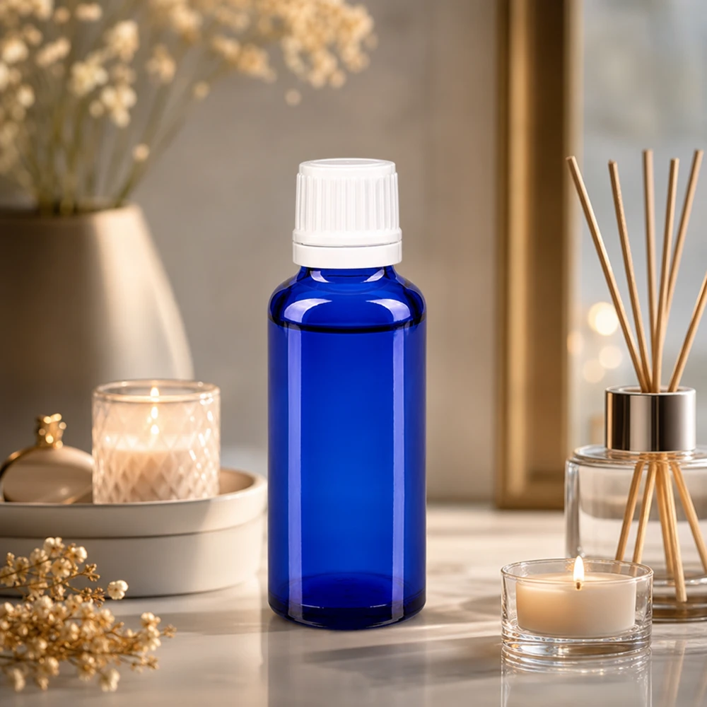 30 ml blå glasflaske med hvid dråbeforsegling på marmor ved siden af stearinlys og rørdiffusor
