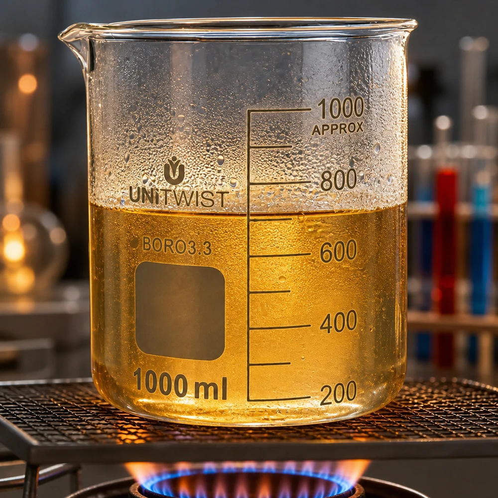 Bæger 1000 ml borosilikat, lav form UNiTWIST UNiTWIST 1000 ml boresilikatglas på gasbrænder med en gylden-gul væske ved 600 ml