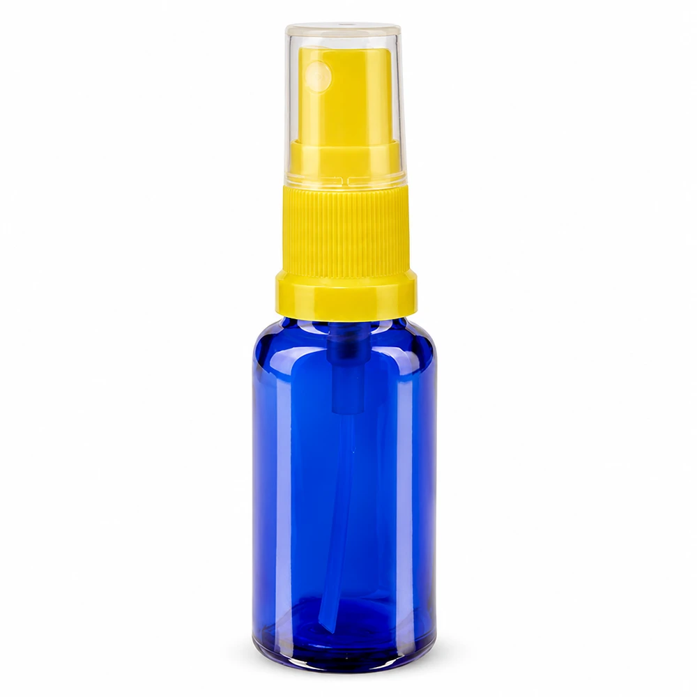 Apotekerflaske blå 20 ml spraytilbehør gul 20 ml blå glasflaske med sprayhoved, gul forstøver og gennemsigtig beskyttelseskappe, ApoGlas STD