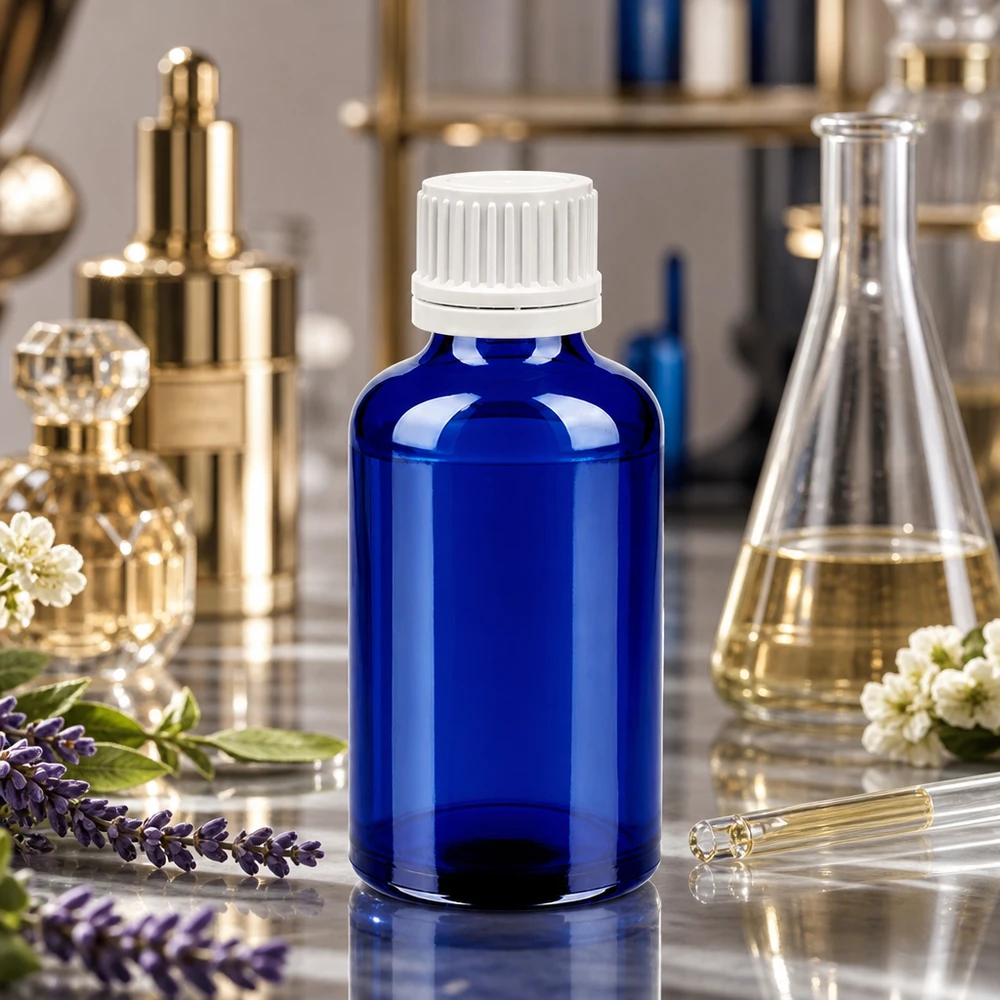 50 ml Dropperflaske 0,7 mm hvid OV BlueLine UT18/50 50 ml blå glasdråbeflaske med hvidt skruelåg til professionel aromaterapi