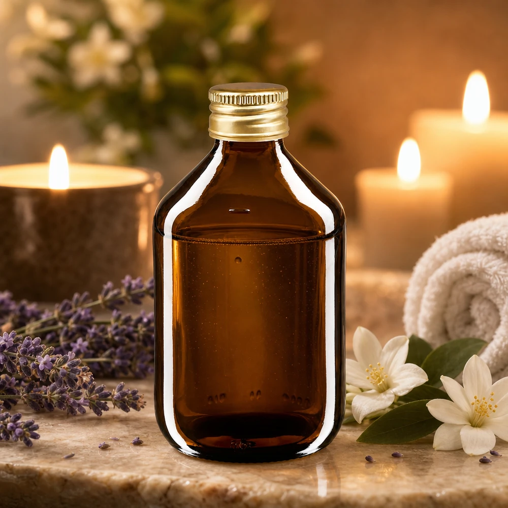 300 ml medicinflaske brun, med hætte i guldaluminium ApoGlas. Farmaceutisk kvalitet fra EU-produktion. 28 mm (PP28) gevind. (sirup, let glasflaske) Mørkebrun medicinflaske 300 ml med elegant aluminiumshætte, ideel til aromaterapi