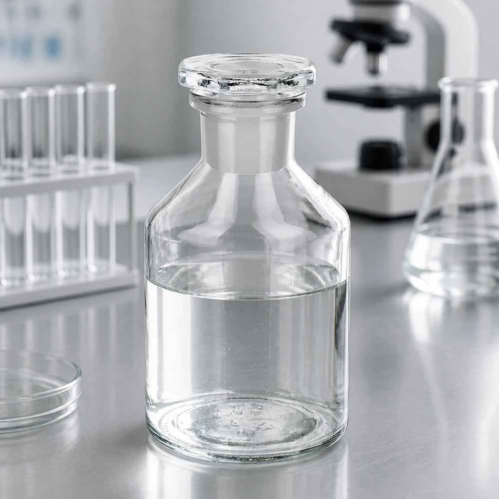 Steep neck-flaske 50 ml klar glasprop med smal hals Lille laboratorieflaske på 50 ml med smal hals og indslibet prop på et bord af rustfrit stål
